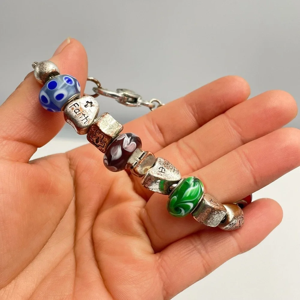 Vintage Y2K Silver Charm Bracelet Beaded Faith Hope Love Religious Jewelry Retro